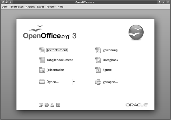 OpenOffice.orgs Programmoberfläche: Die oberen sechs Buttons starten die entsprechenden Programm-Module, Öffnen... wählt eine vorhandenes Dokument aus und Vorlagen... verwaltet vorhandene Vorlagen.
