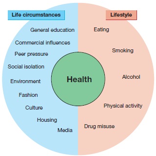 Circular diagram lists some of the life circumstances like education, environment, media, fashion, culture et cetera and lifestyles like eating, smoking, alcohol and drugs determining health condition.