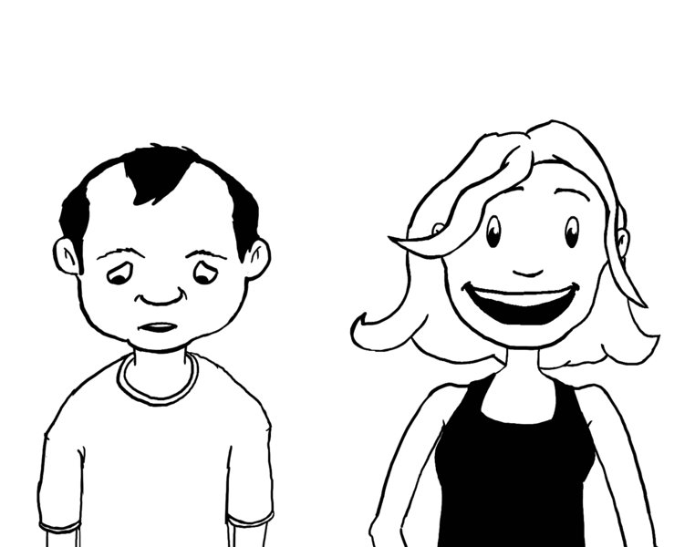 Cartoon image shows an unhappy man and a happy woman.