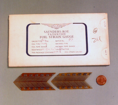 Photograph depicting first foil strain gages produced by Saunders-Roe.