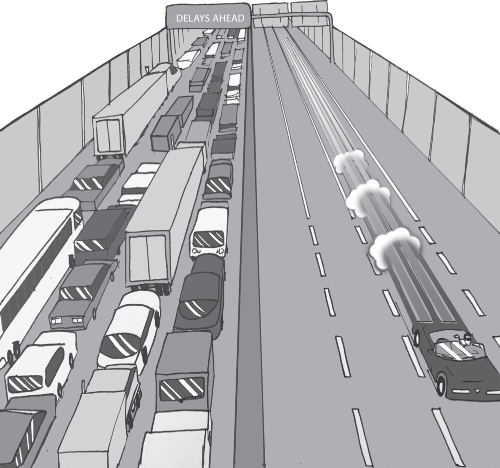 Picture illustration showing delays in a crowded highway and a cool ride in a free highway.