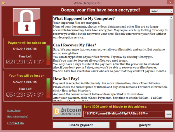 Snapshot illustration of a computer locked with the WannaCry ransomware.
