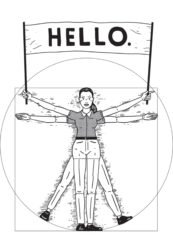 An illustration shows a woman holding a banner by expanding her arms which reads text as ‘hello’ and another woman is standing behind her.