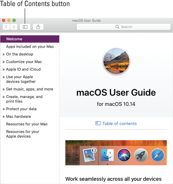 Screenshot displaying the macOS operating system user guide with instructions listed on the left side.