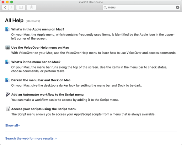 Screenshot displaying a list of questions and answers of the MacOS help guide.