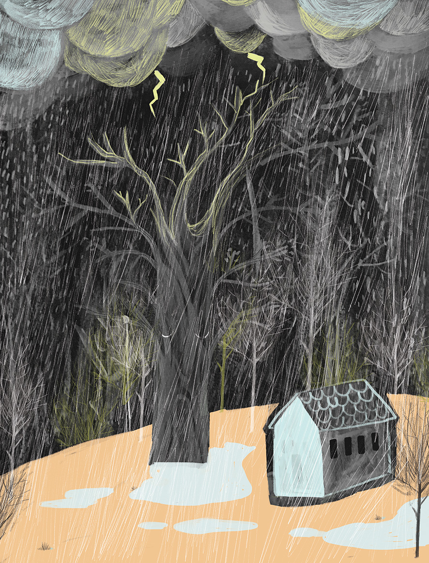 escuela en el bosque bajo la tormenta