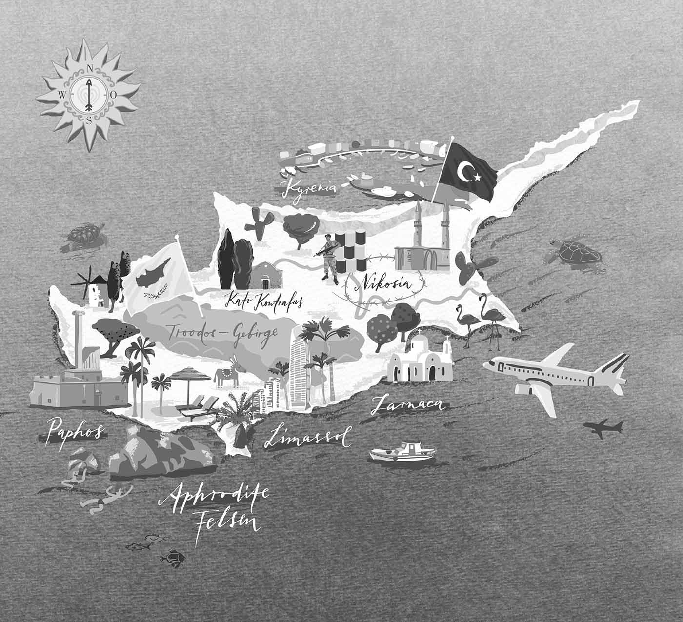 Karte von Zypern, illustriert von Nina Heinke