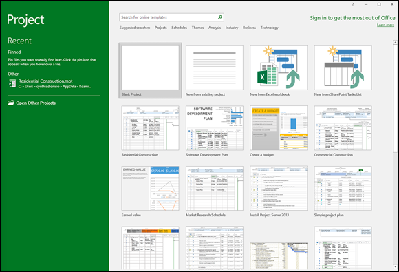 Screenshot of Project 2019 window displaying several options for starting a new project.