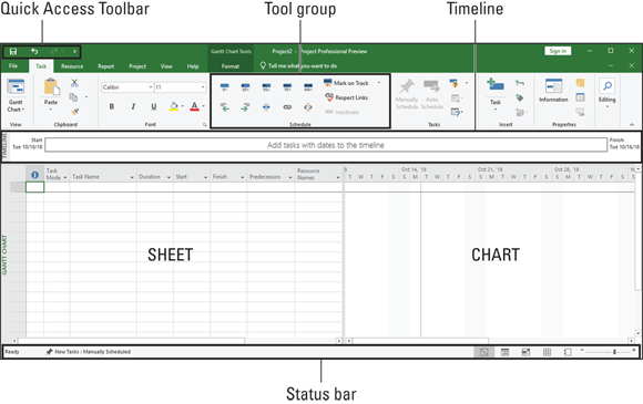 Screenshot of a new project displaying Quick Access toolbar, a few Ribbon tabs, the Ribbon, the Timeline, a pane with a sheet and a chart, and the status bar.