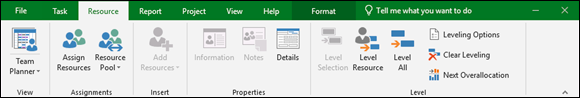 “Screenshot of the Resource Ribbon tab that helps to organize resources, such as assigning and leveling resources across tasks.”