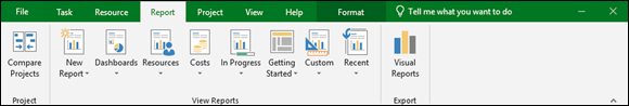 “Screenshot of the Report Ribbon tab that helps create reports on resources, costs, or progress, or put them all together in a dashboard report.”