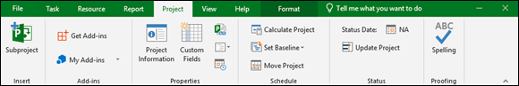 Screenshot of the Project Ribbon tab displaying commands that help manage a project as a whole by changing working time or adding a subproject.