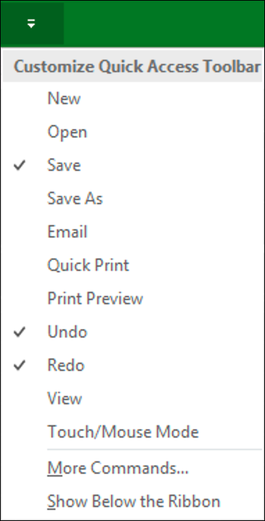 Screenshot displaying a list of commands to customize the Quick Access toolbar in the Project Options dialog box.