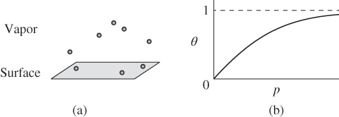 Left: A shaded rectangle (surface) topped with circles on top surface and above (vapor). Right: Surface coverage θ, plotted as a function of the partial pressure p of the vapor, with ascending curve peaking at 1 in the y-axis.