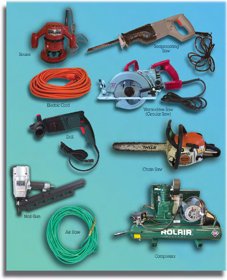 The figure shows several framing tools, which are Router, Reciprocating Saw, Electric Cord, Worm-drive Saw (circular Saw), Drill, Chain Saw, Nail Gun, Air Hose and Compressor.
