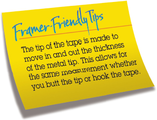 The figure shows a sticky note with the text “Framer-Friendly Tips: The tip of the tape is made to move in and out the thickness of the metal tip. This allows for the same measurement whether you butt the tip or hook the tape.” 