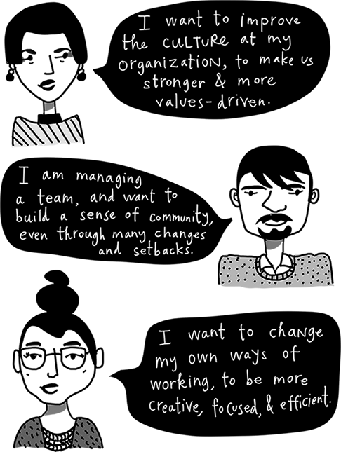 Image of the bust of three people, placed vertically. At the top is a woman speaking the following, written in a speech bubble: "I want to improve the culture at my organization, to make us stronger and more values-driven." In a similar way, in the middle, a man is shown to be speaking the following: "I am managing a team, and want to build a sense of community, even through many changes and setbacks." Last, there is a woman, shown to be speaking the following: "I want to change my own ways of working, to be more creative, focused, and efficient."
