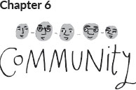 Image of five faces with a happy expression side by side, connected with dashes. Written below is the word, "community."