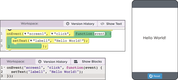 Screenshot of how the code Hello world appears in the Java Script on the left side and a mobile displaying the output Hello world.