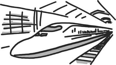 Cartoon illustration of Shinkansen bullet train running in a tunnel.