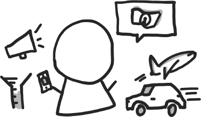 Cartoon illustration of a person with a mobile, speaker, book, car, aeroplane, and building, these images symbolize the blending of many connections, parallels, and opportunities for cross-industry learning.