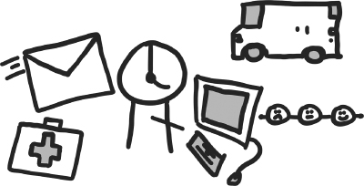 Cartoon illustration of a person who is a service personnel, computer, phone, first aid box, mail, phone, and a van, these images symbolize the relationship between existing relationship and the audience that is the customers.