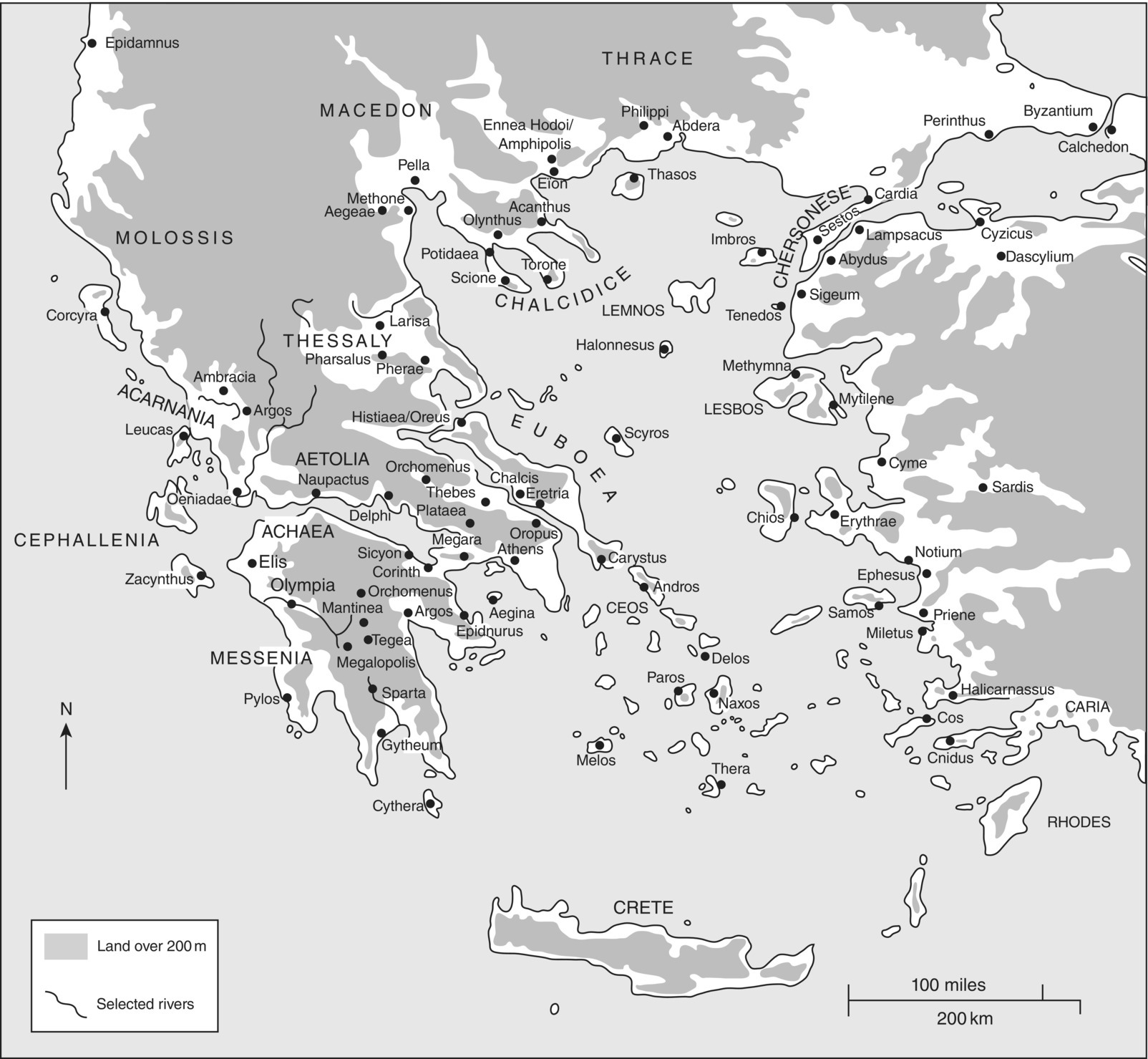 Map of Greece displaying shaded areas and waveforms representing for land over 200 m and selected rivers, respectively. Dot markers marking Cythera, Gytheum, Sparta, Pylos, Megalopolis, etc. are also indicated.