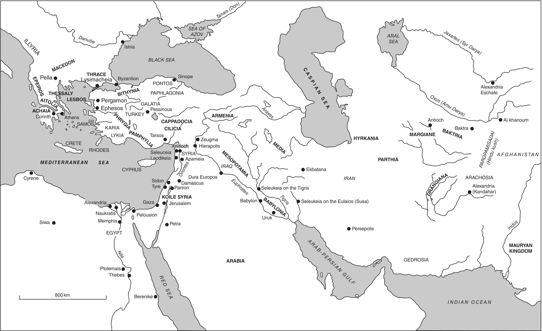 Map of the Hellenistic Kingdoms displaying shaded areas for Black Sea, Mediterranean Sea, Red Sea, Arab-Persian Gulf, etc. and dot markers for Berenike, Thebes, Ptolemais, Siwa, Memphis, Alexandria, Gaza, etc.