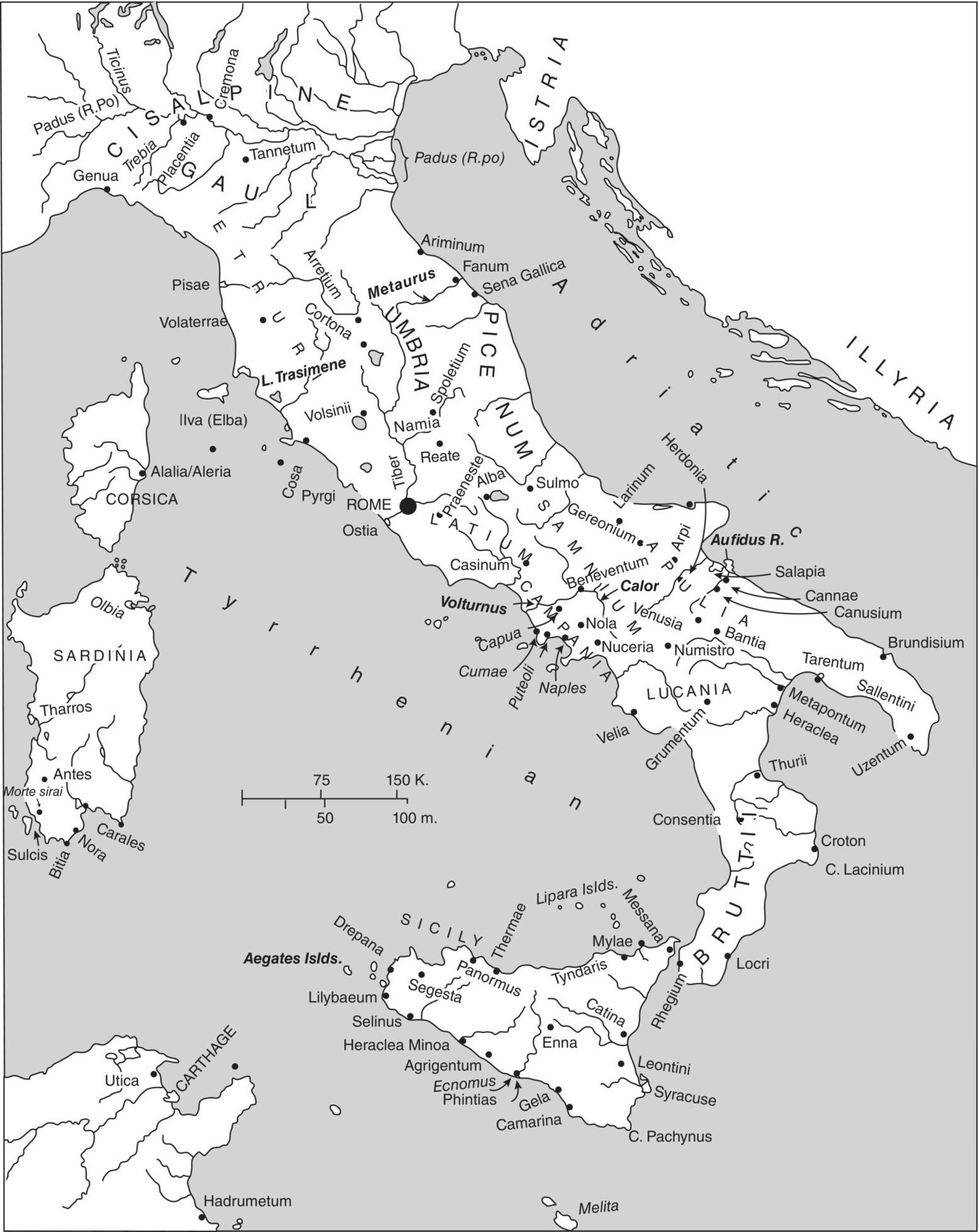 Map of Italy and the Islands displaying a big dot marker for Rome and small dot markers for Alalia/Aleria, Cosa, Cumae, Puteoli, Naples, Ariminum, Fanum, Sena Gallica, Larinum, Velia, Grumentum, Thurii, Heraclea, etc.