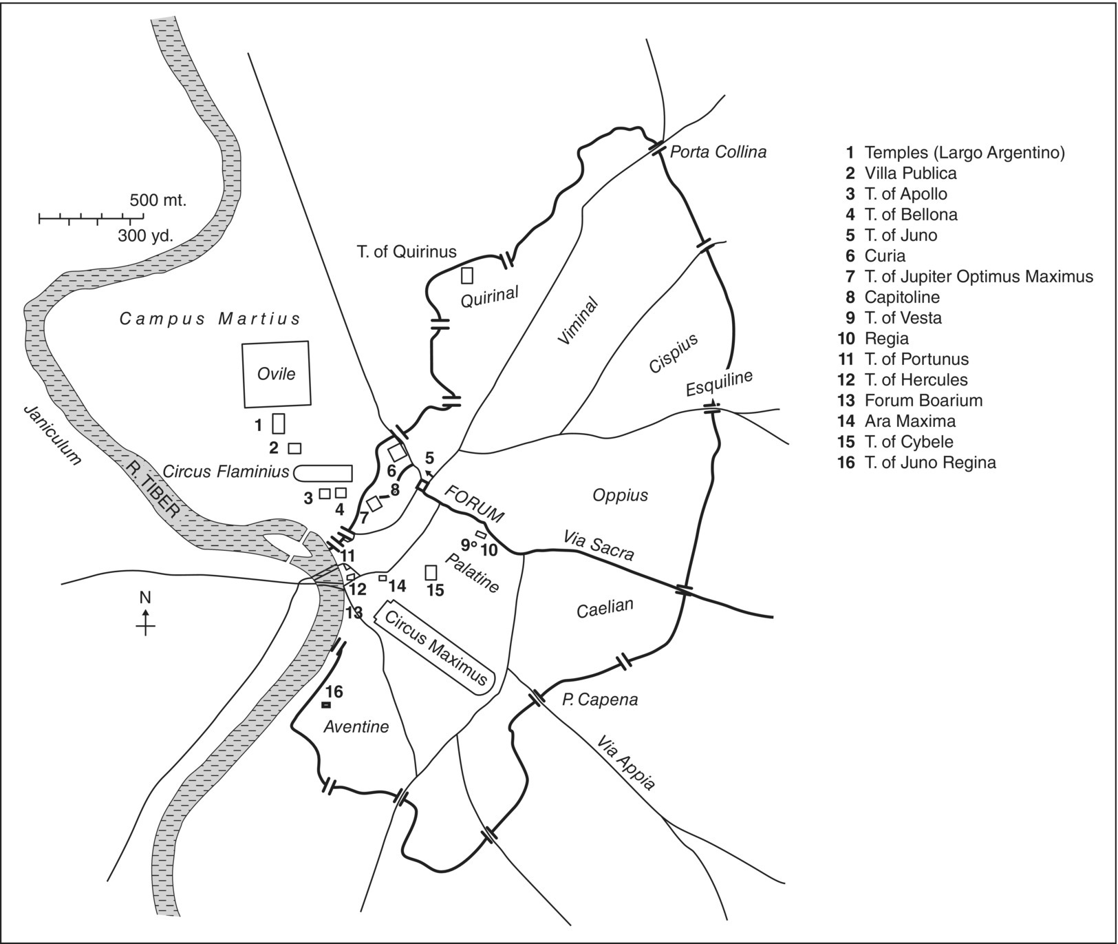 Map of the city of Rome marking Oppius, FORUM, Viminal, etc. and depicting box markers labeled Temples (Largo Argentino) (1), Villa Publica (2), T. of Apollo (3), T. of Bellona (4), T. of Juno (5), Curia (6), etc.