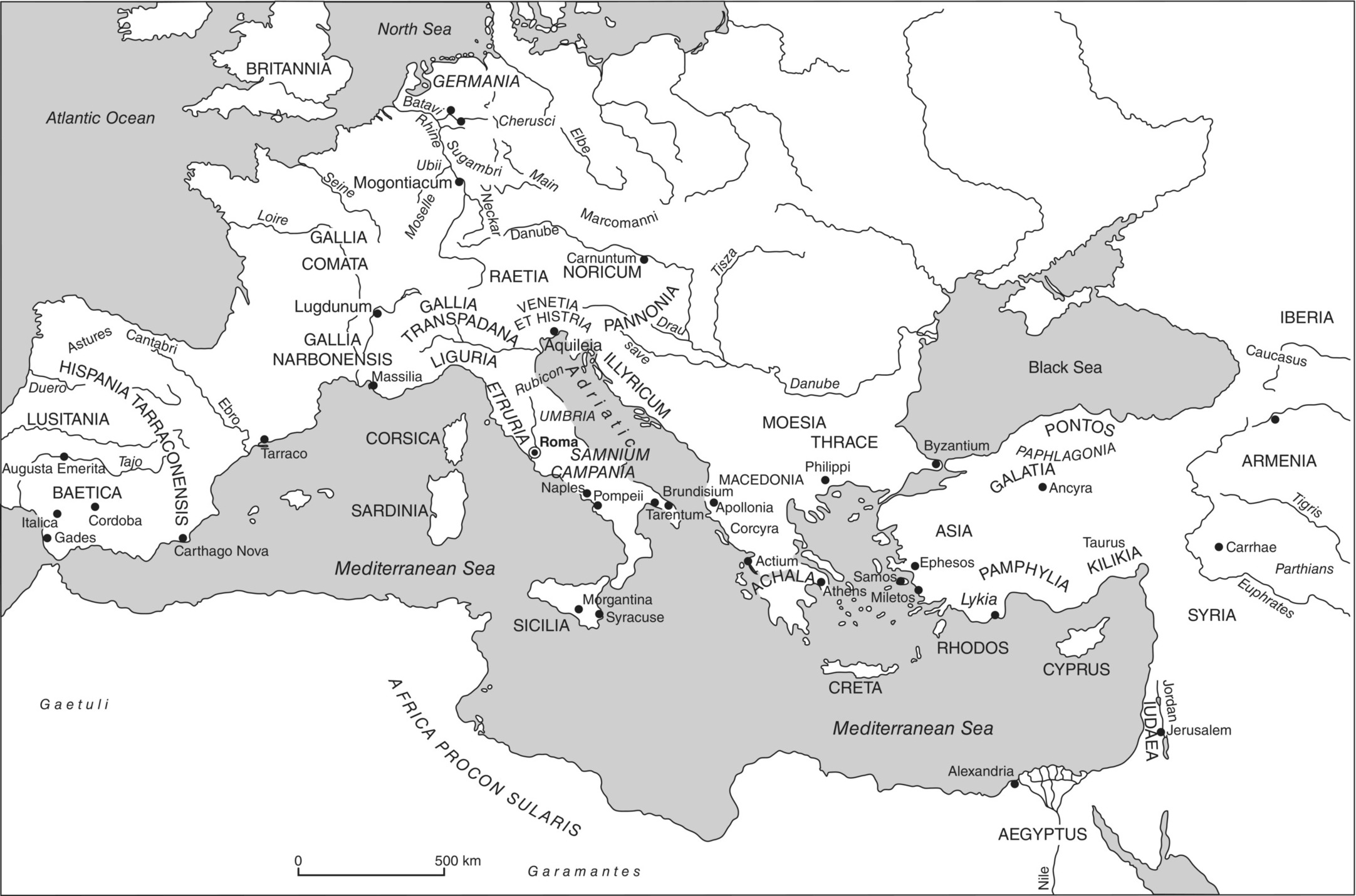 Map of the Roman Empire in the Time of Augustus depicting shaded areas and dot markers for Carthago Nova, Tarraco, Gades, Cordoba, Italica, Massilia, Morgantina, Syracuse, Tarentum, Apollonia, Pompeii, etc.