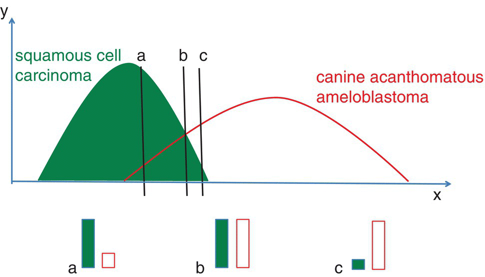 Graph depicts the superimposed bell curves that are a metaphor for the morphologic overlap between related lesions and some lesions, like squamous cell carcinoma and canine acanthomatous ameloblastoma can either be morphologically distinct lesions or share multiple features in which the sections a, b, and c represent the lesions that are most likely to be squamous cell carcinoma, equally likely to be squamous cell carcinoma or canine acanthomatous ameloblastoma, or more likely to be canine acanthomatous ameloblastoma, respectively.