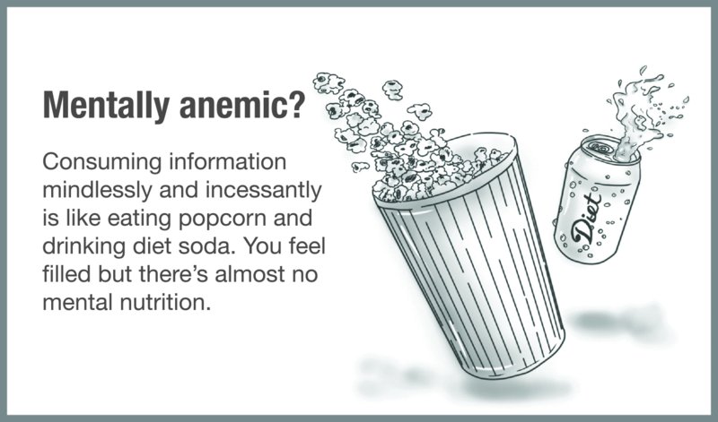 Image titled “mentally anemic?” It is stated that consuming information mindlessly and incessantly is like eating popcorn and drinking diet soda—you feel filled but there’s almost no mental nutrition.