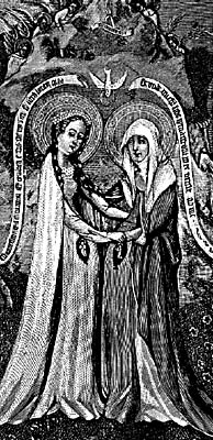 ABB. XIV: MARIA und ELISABETH mit den in ihren Leibern sichtbaren Embryonen und der über ihnen schwebenden Taube – der VENUS-COLUMBA (Bildauschnitt von einem Oelgemälde der Kölner-Schule, um 1400).