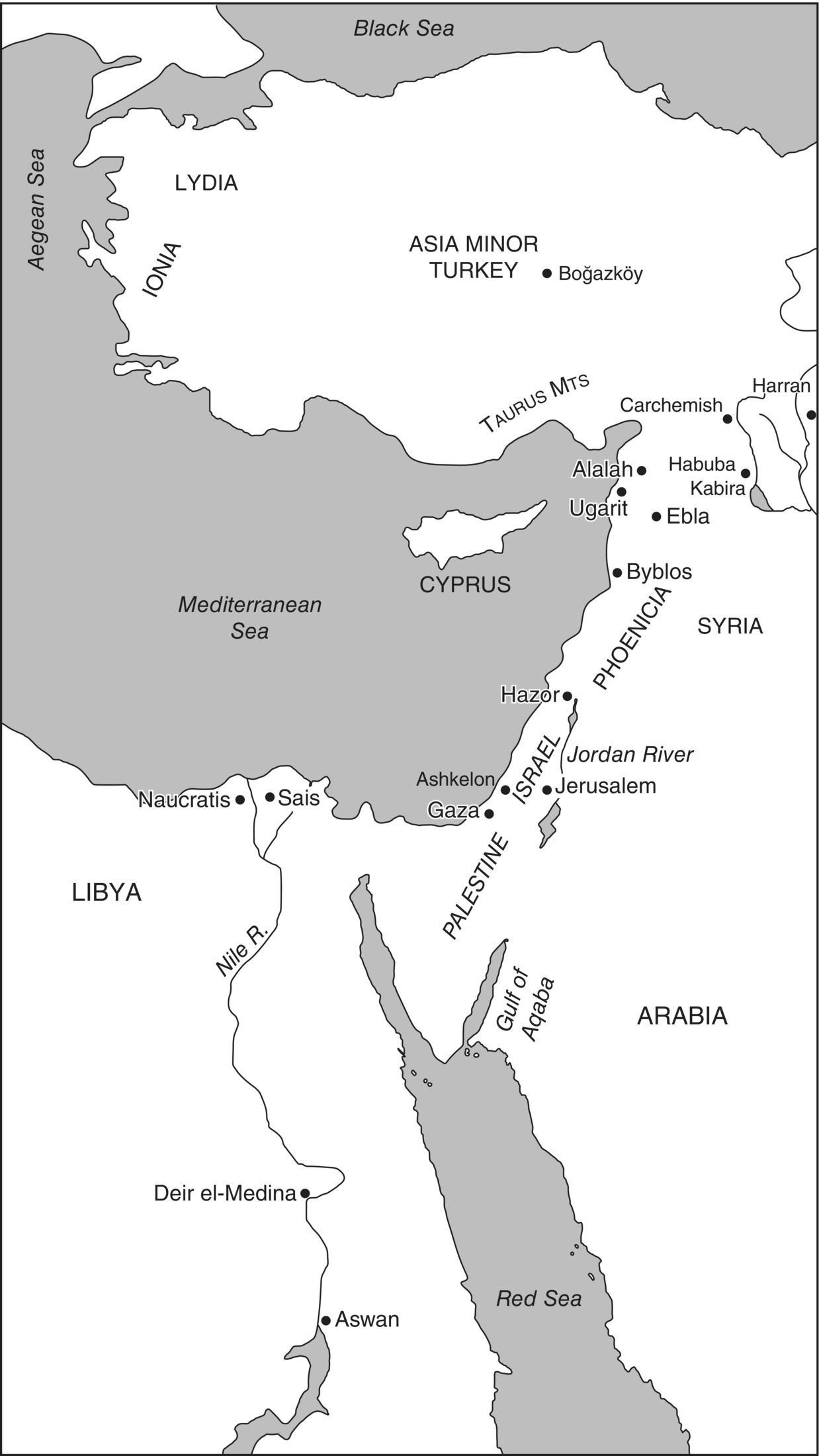 Map of the Near East with circle markers indicated the location of Naucratis, Sais, Gaza, Jerusalem, Ashkelon, Hazor, Byblos, Ebla, Ugarit, Alalah, Harran, Carchemish, Kabira, and Boğazköy.