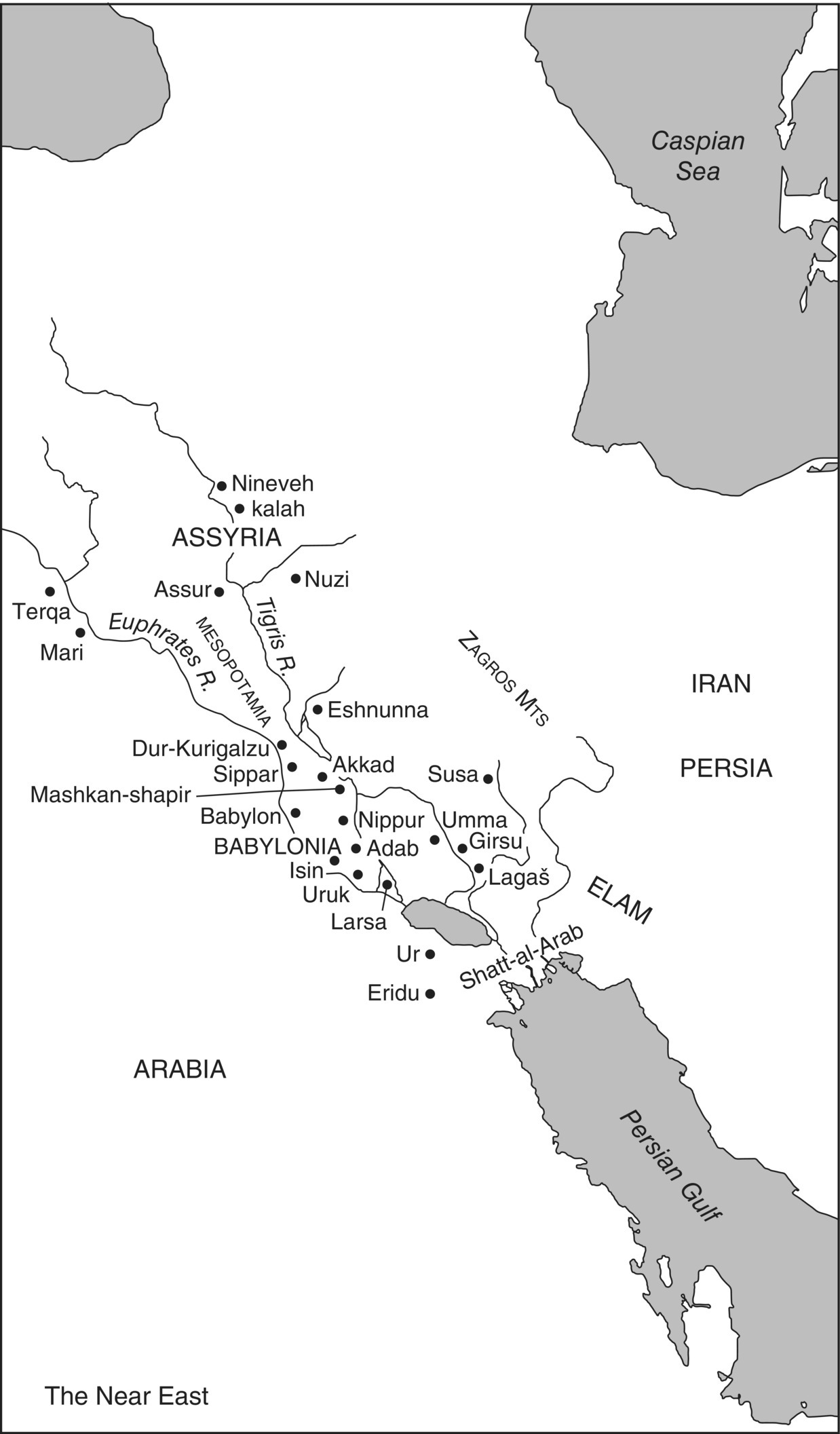 Map of the Near East with circle markers indicated the location of Nineveh, Kalah, Assur, Terqa, Mari, Dur-Kurigalzu, Nuzi, Eshnunna, Sippar, Akkad, Adab, Eridu, Ur, Uruk, Girsu, Umma, etc.