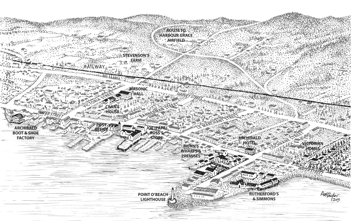 A town shoreline featuring a few small buildings and many old-fashioned schooners at the wharves.