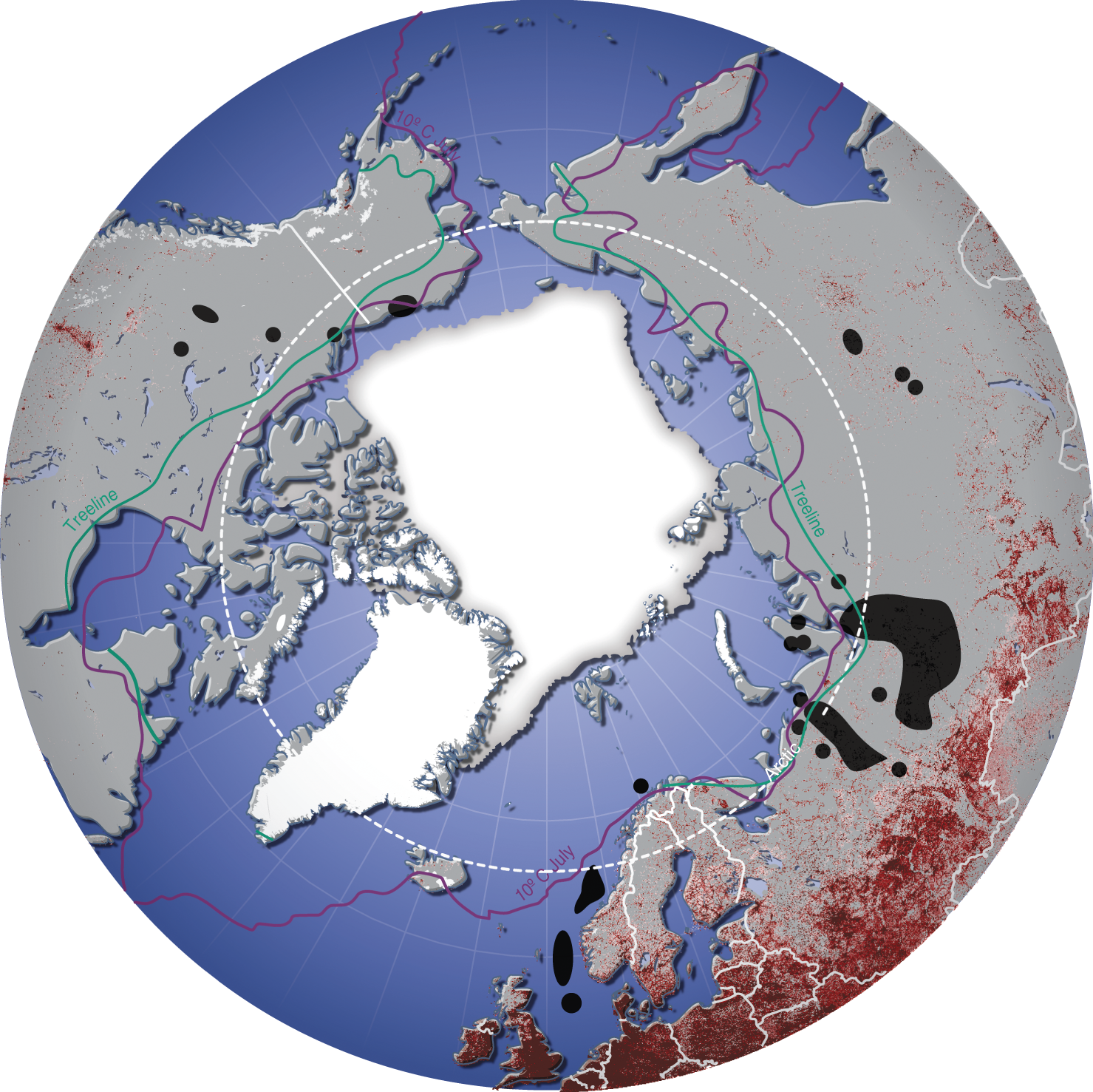 Schematic illustration of a view of the Arctic showing the Arctic Circle and human population density in red and large oil fields in black.