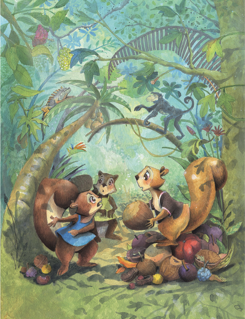 Grupo de ardillas recolectando nueces