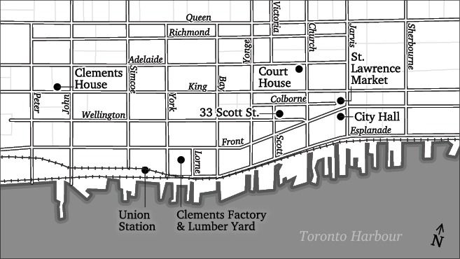 Map of the Toronto waterfront and downtown. Key landmarks are placed on the map including: Clements House, Union Station, Clements Factory & Lumber Yard, 33 Scott St., Court House, St. Lawrence Market, and City Hall.