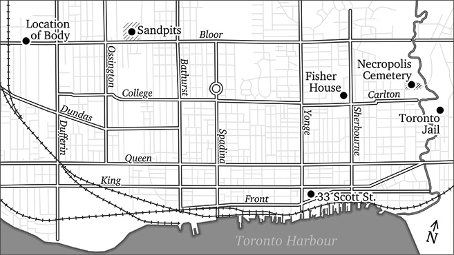 A wider map of Toronto including the Stockyards and the Don Valley. Key landmarks on this map include: Location of the Body, Sandpits, 33 Scott St., Fisher House, Necropolis Cemetery, and Toronto Jail.